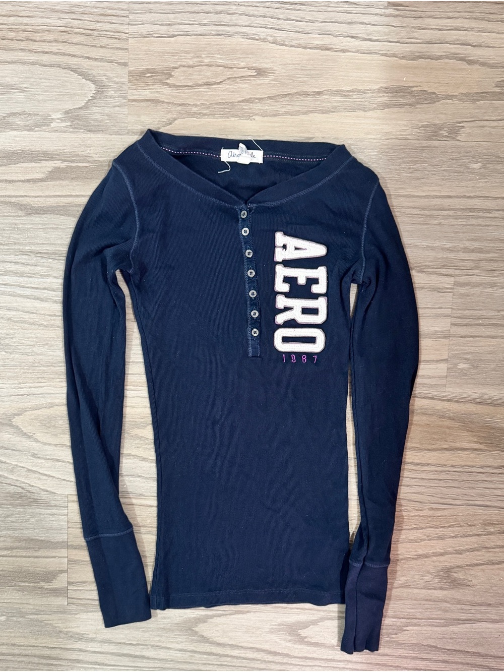 Aéropostale AERO 1987 Navy Ribbed Henley Thermal Long Sleeve XS Y2K Style